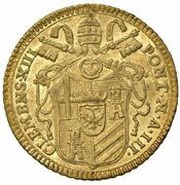 1 Zecchino - Clemente XIII SVPRA FIRMAM PETRAM - Holy Mother Church - Facing right obverse image