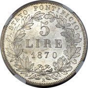 5 Lire - Pius IX, Vatican City, 1867-1870 reverse image