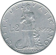 2 Lire - Pivs XII, Vatican City, 1951-1958 reverse image