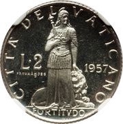 2 Lire - Pius XII Prova, Vatican City, 1957 reverse image