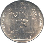 2 Lire - Pavlvs VI FAO, Vatican City, 1968 reverse image