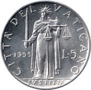 5 Lire - Pius XII, Vatican City, 1951-1958 reverse image