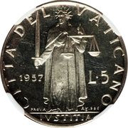 5 Lire - Pius XII Prova, Vatican City, 1957 reverse image
