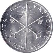 5 Lire - Pavlvs VI, Vatican City, 1967 reverse image