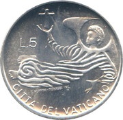 5 Lire - Pavlvs VI, Vatican City, 1969 reverse image