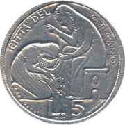 5 Lire - Pavlvs VI Redemption of the Woman of Bethany, Vatican City, 1975 reverse image