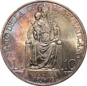 10 Lire - Pivs XII, Vatican City, 1939-1941 reverse image