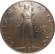 10 Lire - Pivs XII, Vatican City, 1951-1958 reverse image