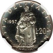 20 Lire - Pius XII Prova, Vatican City, 1957 reverse image