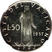 50 Lire - Pius XII Prova, Vatican City, 1957 reverse image