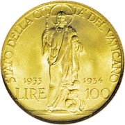 100 Lire - Pivs XI Jubilee, Vatican City, 1933 reverse image