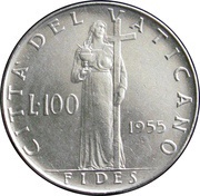 100 Lire - Pivs XII, Vatican City, 1955-1958 reverse image