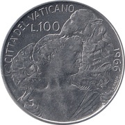 100 Lire - Pavlvs VI, Vatican City, 1966 reverse image