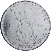100 Lire - Pavlvs VI, Vatican City, 1967 reverse image