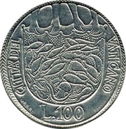 100 Lire - Pavlvs VI Symbolic Baptism of Man, Vatican City, 1975 reverse image