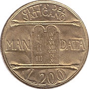 200 Lire - Ioannes Paulus II Tables of the law, Vatican City, 1993 reverse image