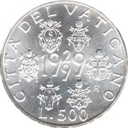 500 Lire - Ioannes Pavlvs II Lateran Treaty, Vatican City, 1999 reverse image