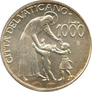 1000 Lire - Ioannes Paulus II Children and Church, Vatican City, 1996 reverse image