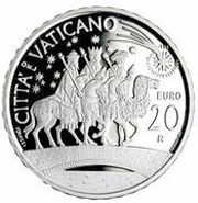 20 Euros - Franciscus the Magi riding two horses and a camel, Vatican City, 2023 reverse image