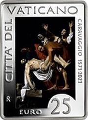 25 Euros - Franciscus Caravaggio; silver colored, Vatican City, 2021 reverse image