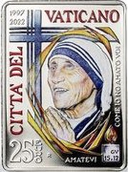 25 Euros - Franciscus Mother Teresa of Calcutta; silver colored, Vatican City, 2022 reverse image