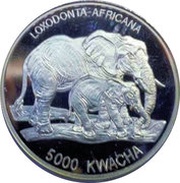 5000 Kwacha Elephant and calf right, Zambia, 1999 reverse image