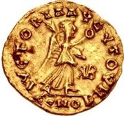 1 Tremissis In the name of Anastasius I; Lyon reverse image