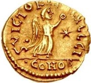1 Tremissis In the name of Justin I; Lyon reverse image