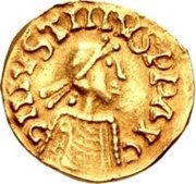 1 Tremissis In the name of Justin I; Lyon; with monogram to the right obverse image