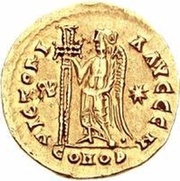 1 Solidus In the name of Anastasius I; Lyon; with monogram reverse image