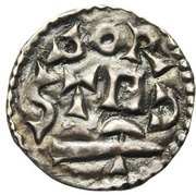 Denier - Charlemagne Dorestad mint; francisca below, Carolingian Empire, 768-793 reverse image