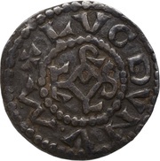 Denier - Charlemagne Lyon mint; monogram, Carolingian Empire, 793-812 reverse image
