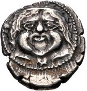 Silver 10 Asses Gorgoneion series I: with dolphins obverse image