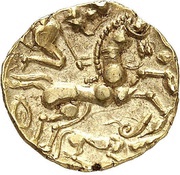 ¼ Stater with tattooed cheek and wolf, Gaul, 80 BC - 50 BC reverse image