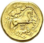 ½ Stater with wolf and kneeling charioteer, Gaul, 150 BC - 50 BC reverse image