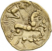 ½ Stater with tattooed cheek and wolf, Gaul, 150 BC - 50 BC reverse image