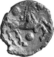 Bronze with running character and disks, Gaul, 55 BC - 30 AD reverse image