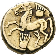 Stater with two lyres horse facing left, Gaul, 75 BC - 51 BC reverse image
