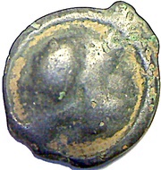 Potin with head to the right and dextrorotatory swastika obverse image