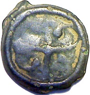 Potin with head to the right and dextrorotatory swastika reverse image