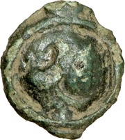 Potin with head to the left and left-rotating swastika obverse image