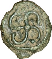 Potin with head to the left and left-rotating swastika reverse image
