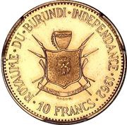 10 Francs - Mwambutsa IV Independence, Burundi, 1962 reverse image