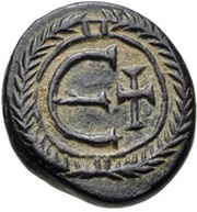 5 Nummi - Justinian I Carthage; Є ♰, Bust Right, Byzantine states, 527-565 reverse image