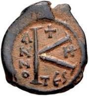 20 Nummi - Justin II and Aelia Sophia Thessalonica; + type, Byzantine states, 568-578 reverse image