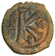 20 Nummi - Justin II and Aelia Sophia Antioch; broken P type, Byzantine states, 574-575 reverse image