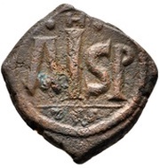 16 Nummi - Justinian I Thessalonica; Type • H •, Byzantine states, 527-565 reverse image