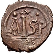 16 Nummi - Justinian I Thessalonica; Type • A •, Byzantine states, 527-565 reverse image