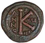 20 Nummi - Justinian I Nicomedia; bust facing, dated reverse, Byzantine states, 538-560 reverse image