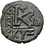 20 Nummi - Justin II and Aelia Sophia Cyzicus, Byzantine states, 566-578 reverse image